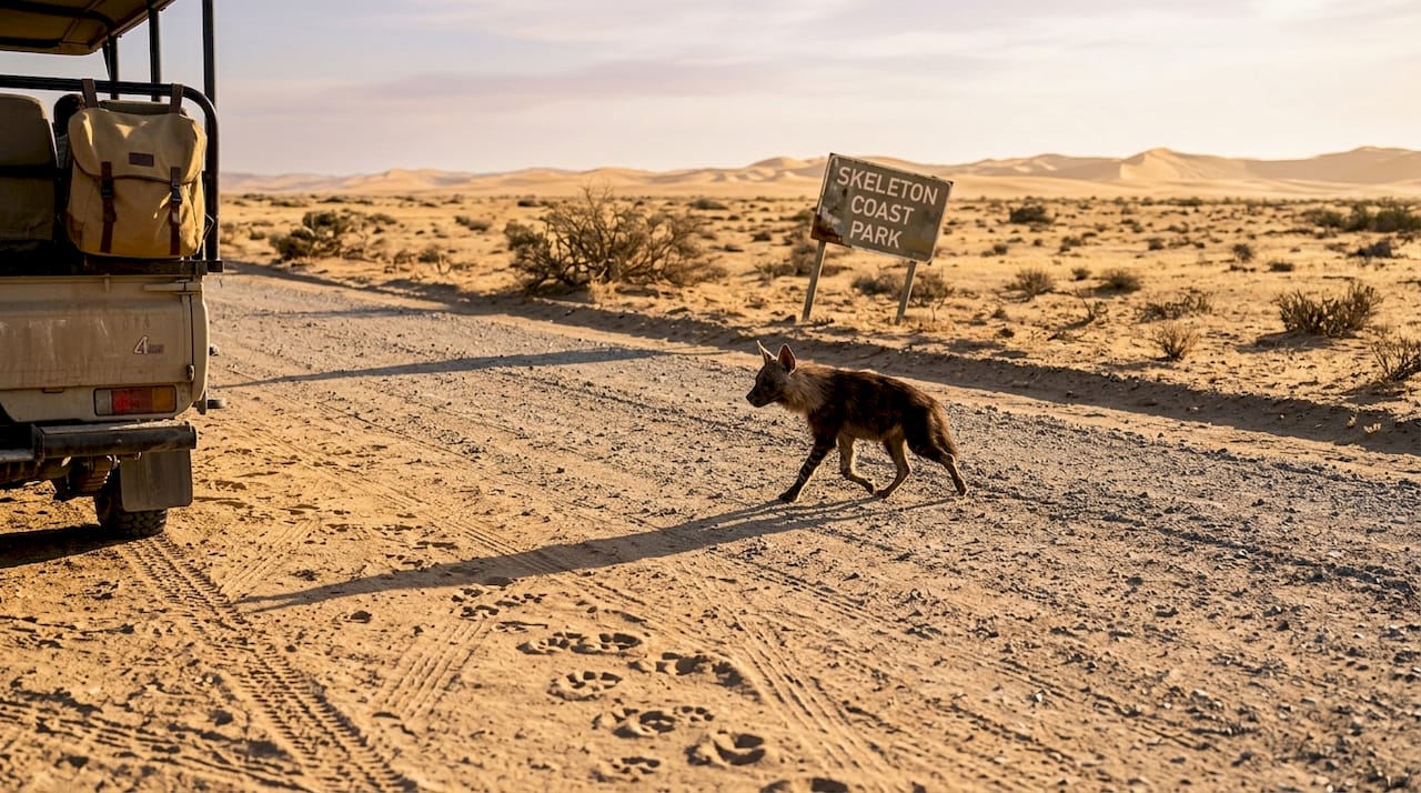 Brown hyena and safari vehicle in Skeleton Coast park