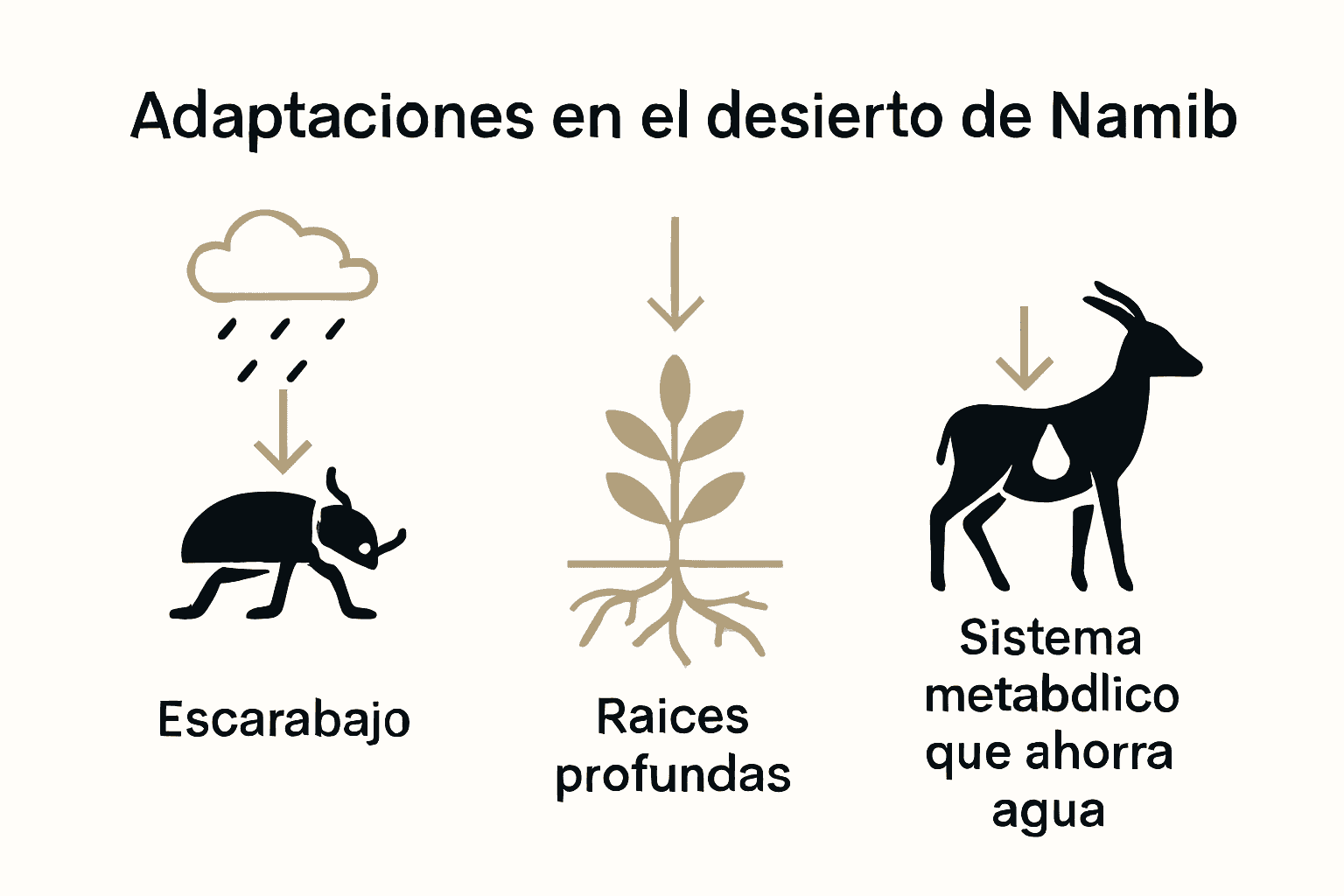 Comparación visual de adaptaciones para la supervivencia en el Namib