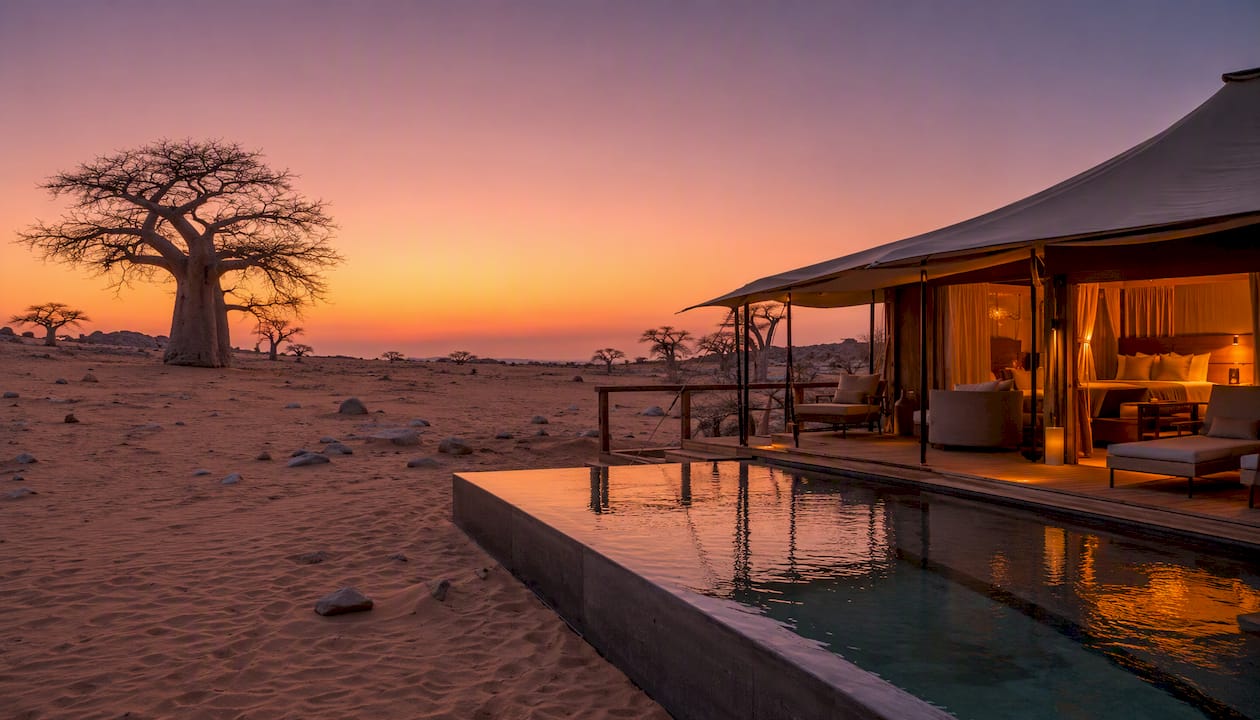 Luxury tented safari lodge at desert sunset