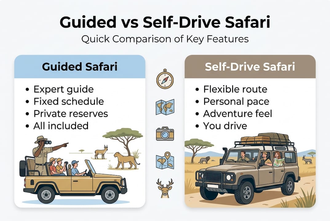 Infographic comparing guided and self-drive safari