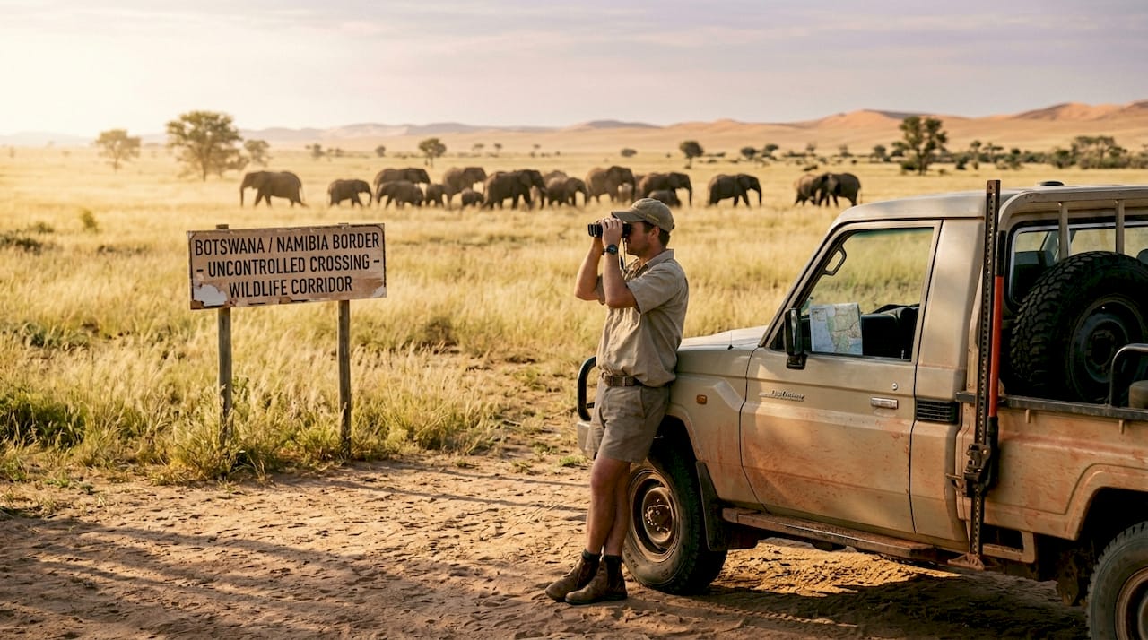 Safari guide watching elephants cross park border
