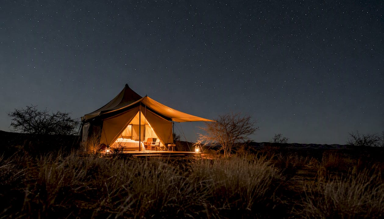 Desert sleep-out tent glowing under starry NamibRand sky