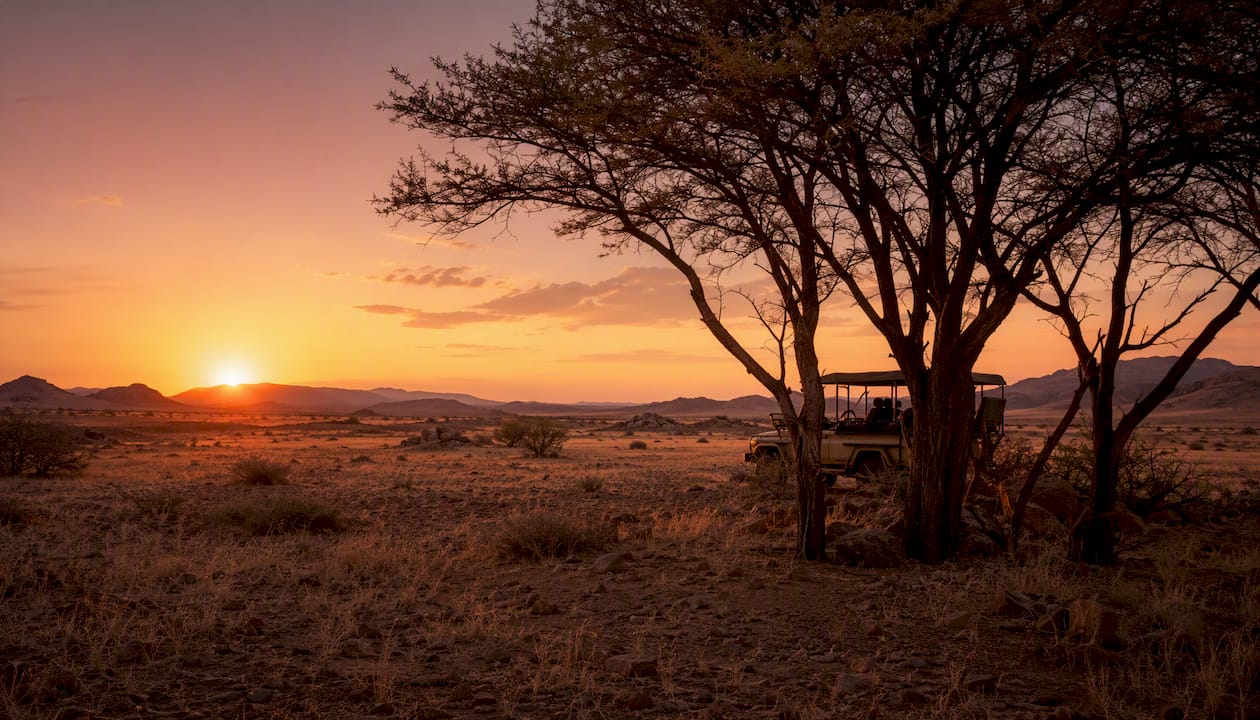 Private safari vehicle behind acacia trees at dusk