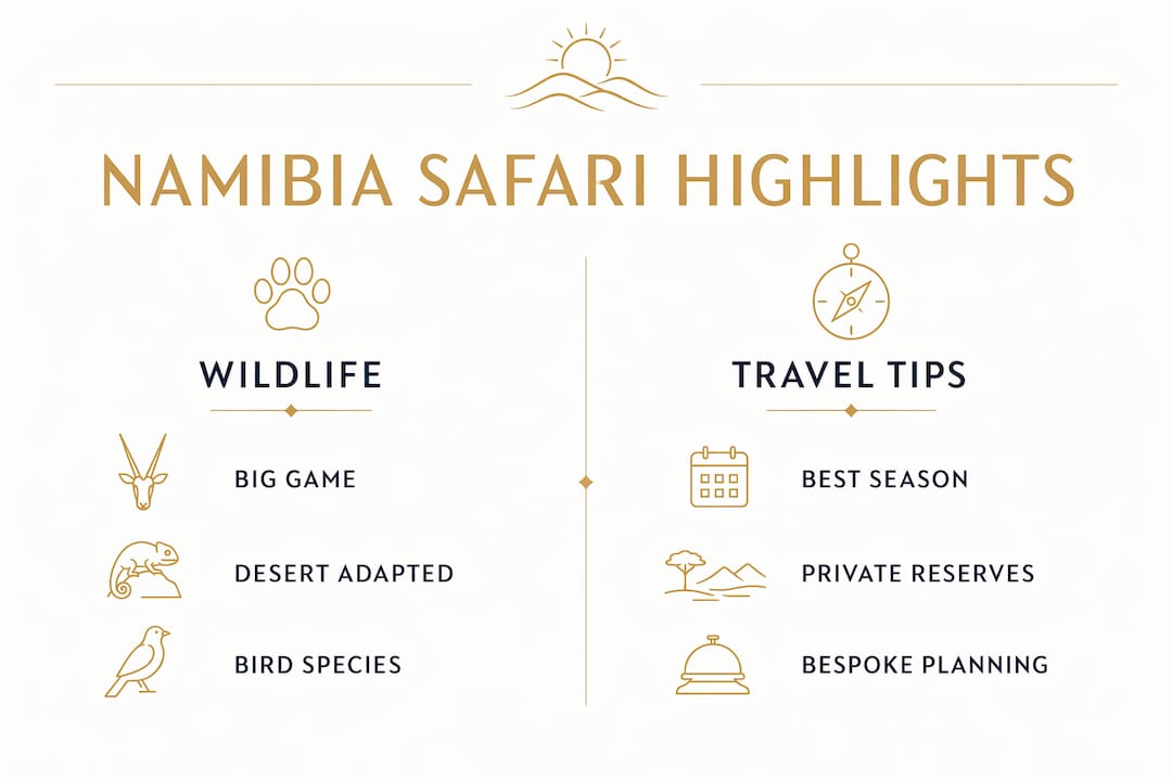 Infographic comparing Namibia safari wildlife and travel tips