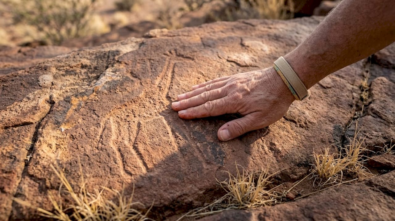 Hand tracing Namibian rock engraving