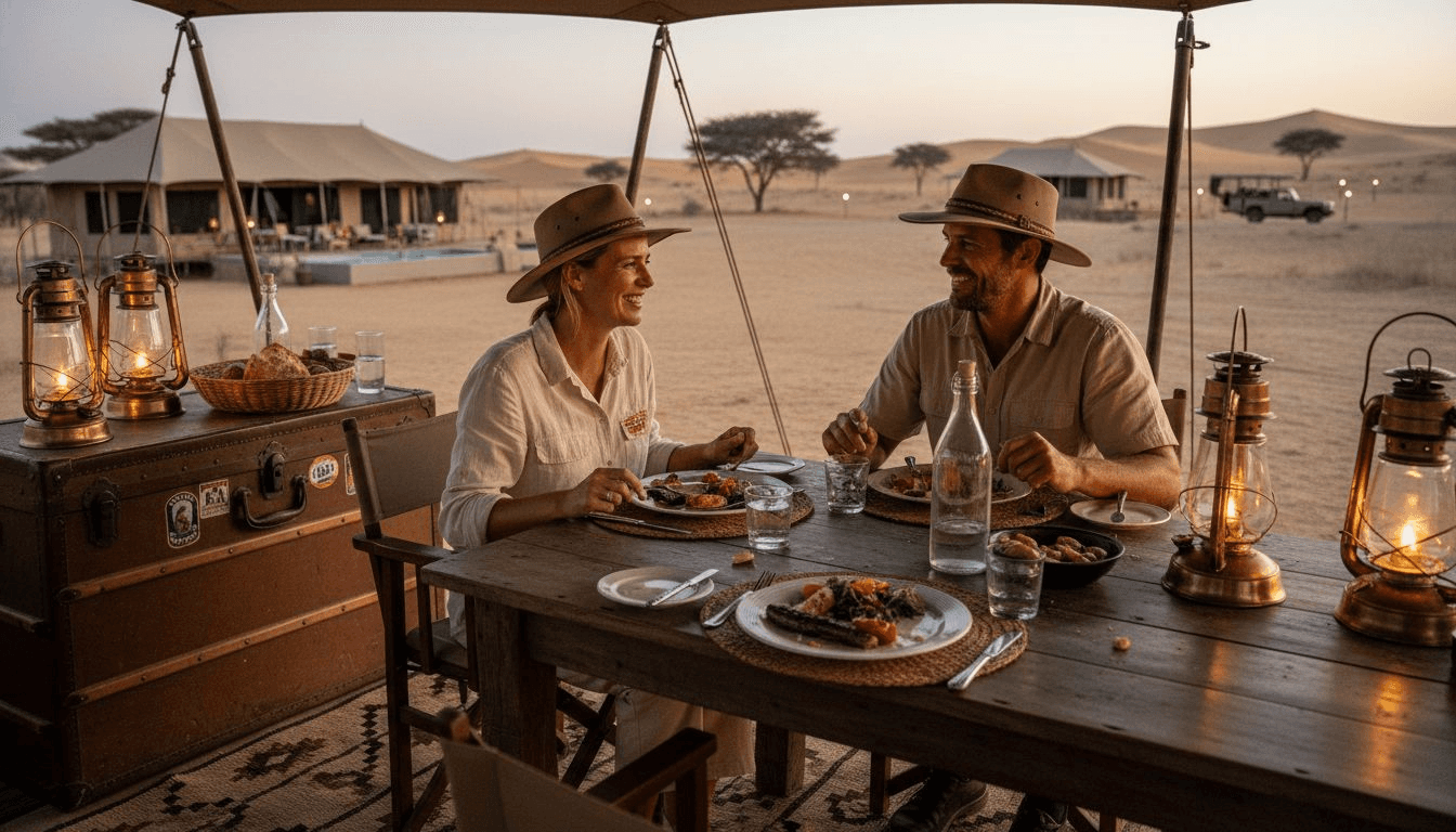 Couple enjoying authentic camp dining experience