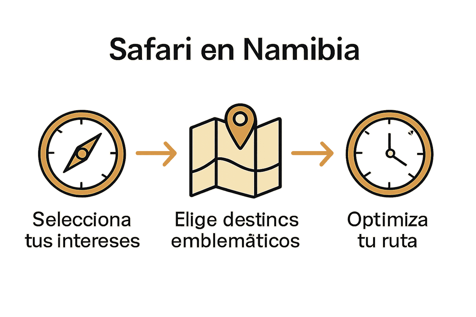 Infografía del proceso clave para combinar destinos de safari en Namibia