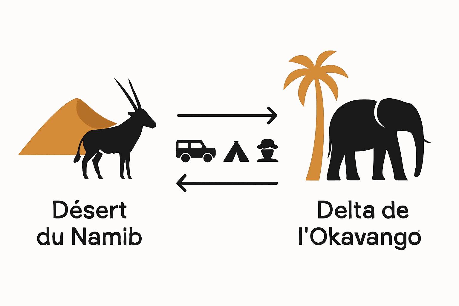 Infographic comparing landscapes and key animals of Namibie and Botswana safari