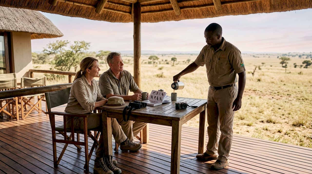 Guests enjoying morning on safari lodge veranda