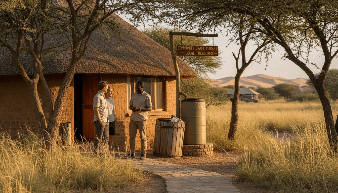Eco-lodge staff interacting with guests outdoors