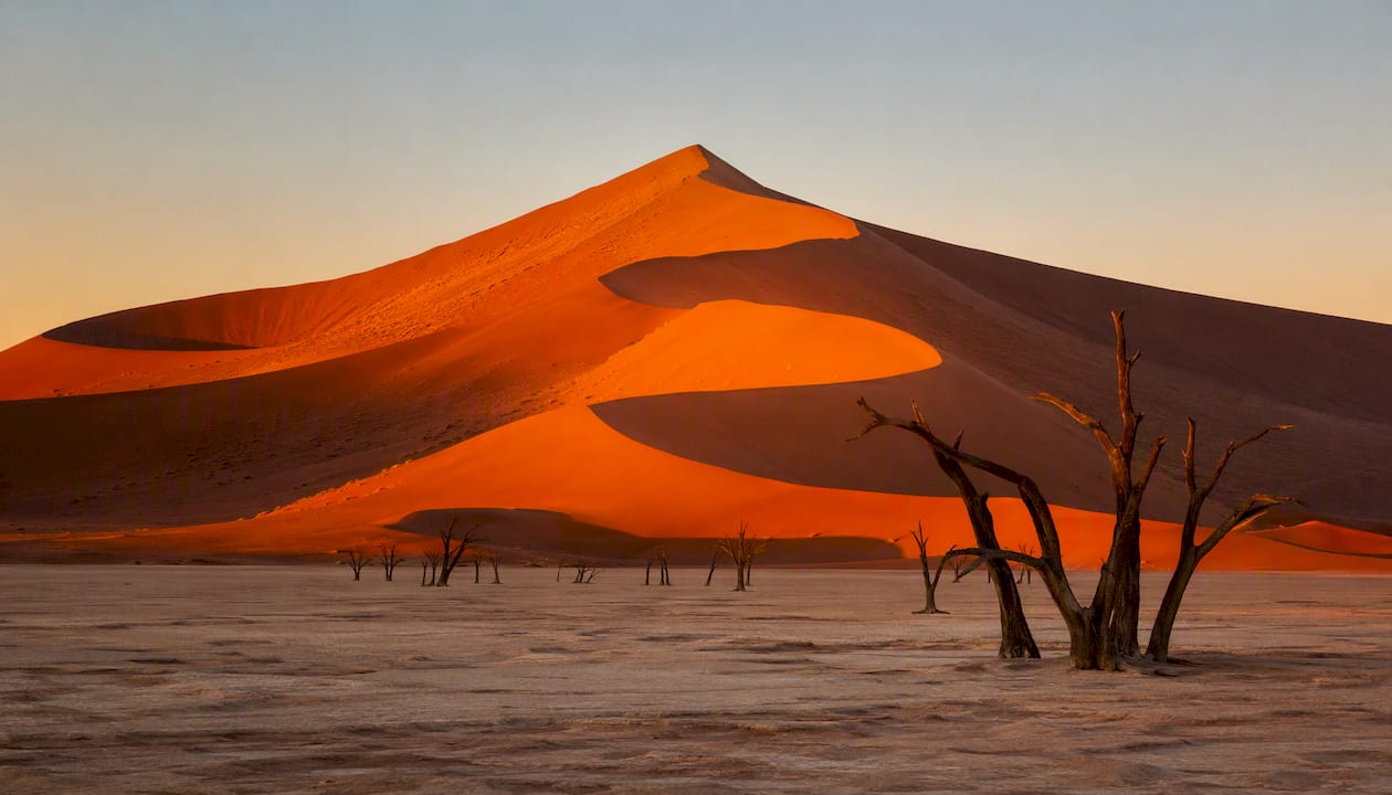 Red sand dunes and Deadvlei at sunrise in Namib desert