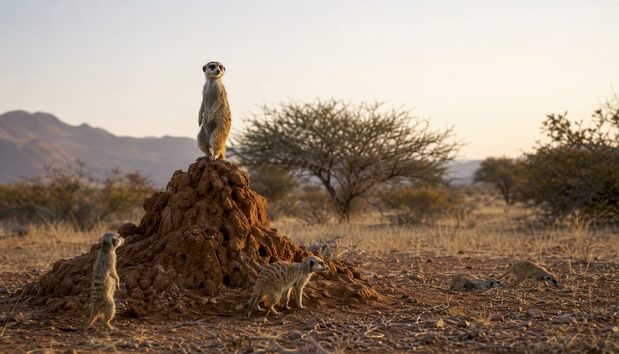 Meerkat sentinel on termite mound at dawn