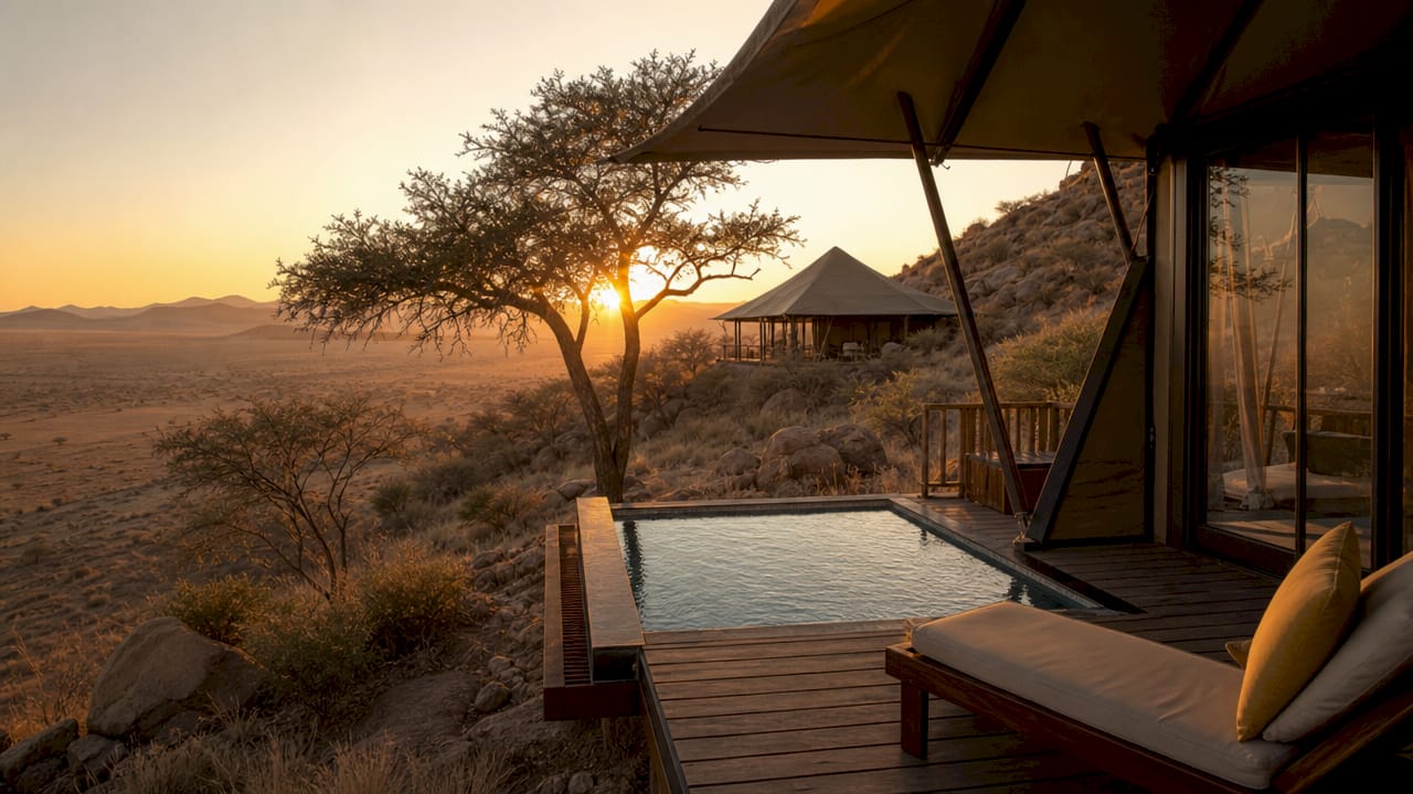 Luxury desert tented lodges at sunset