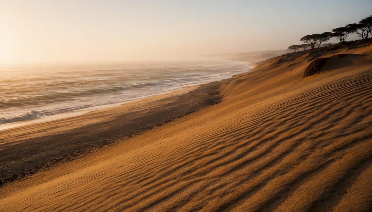 Namib Desert dunes meeting Atlantic Ocean fog