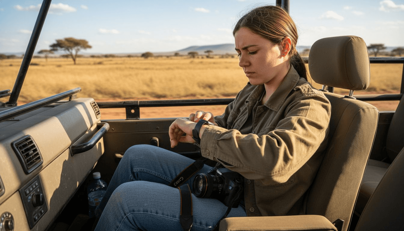Una mujer disfruta de un safari mientras utiliza un dispositivo inteligente portátil.