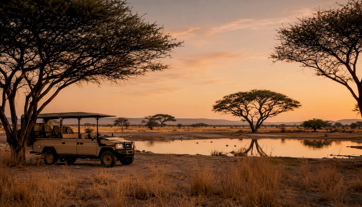 Safari vehicle at private waterhole in Namibia