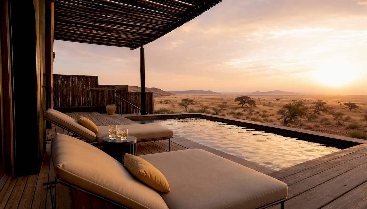 Suite balcony with plunge pool overlooking desert plains