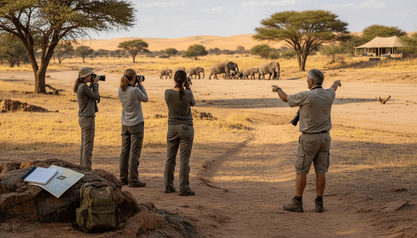 Friendly safari guide leads wildlife viewing group
