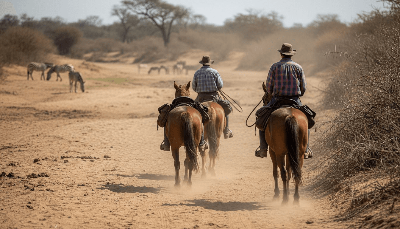 Des cavaliers explorent les vastes étendues sauvages de la Namibie à cheval.