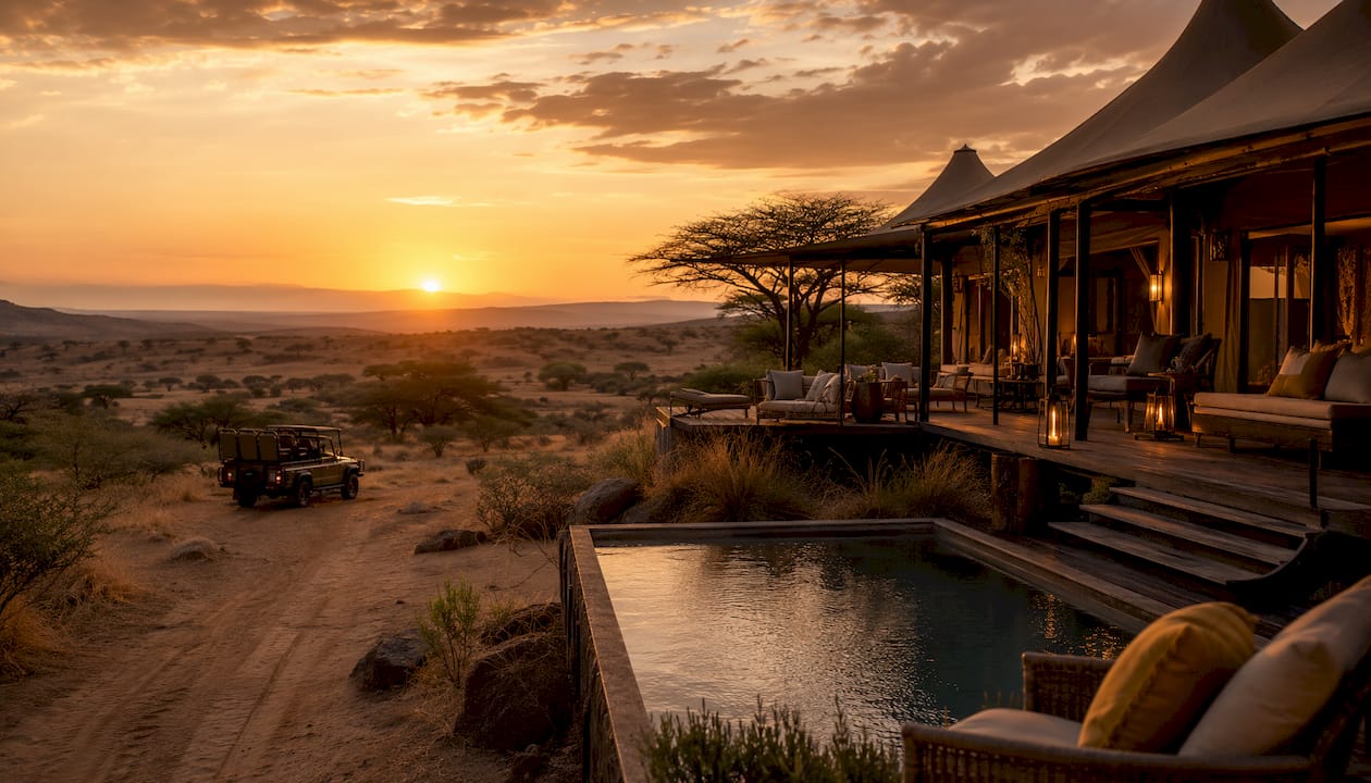 Luxury safari camp overlooking arid plains at sunset