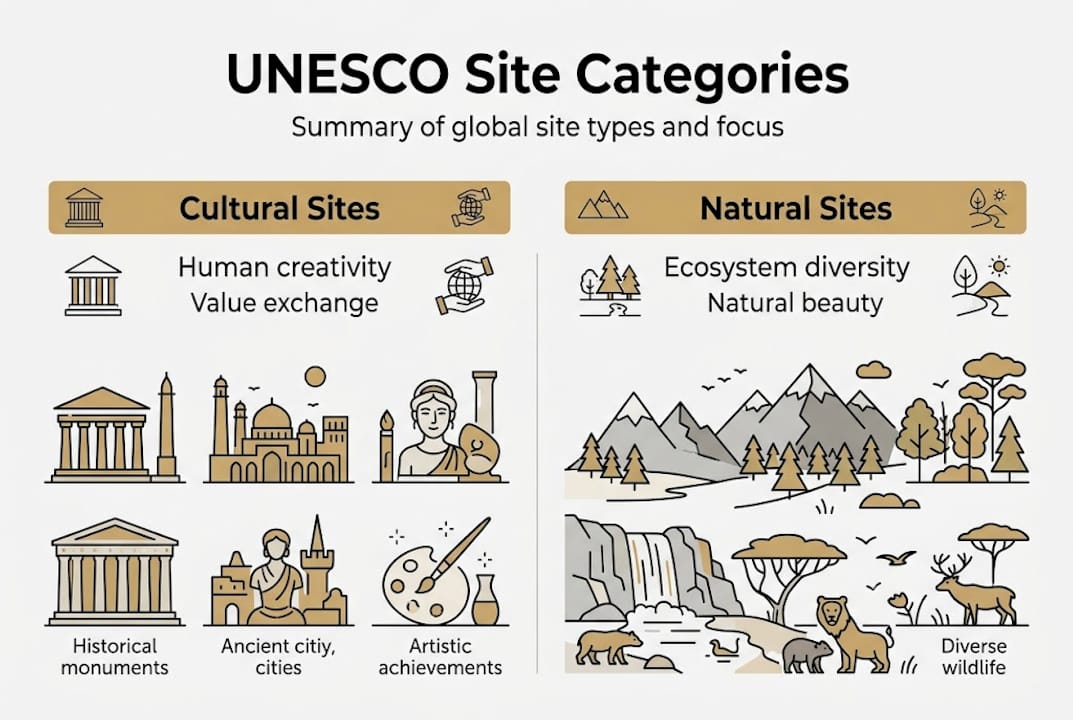 Infographic UNESCO site types and criteria