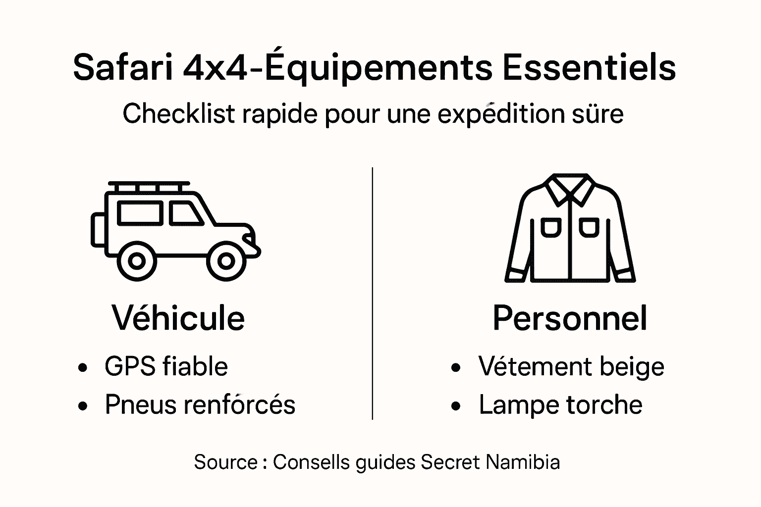 Tout ce qu’il faut savoir sur l’équipement indispensable pour un safari 4x4 en Namibie, présenté en infographie