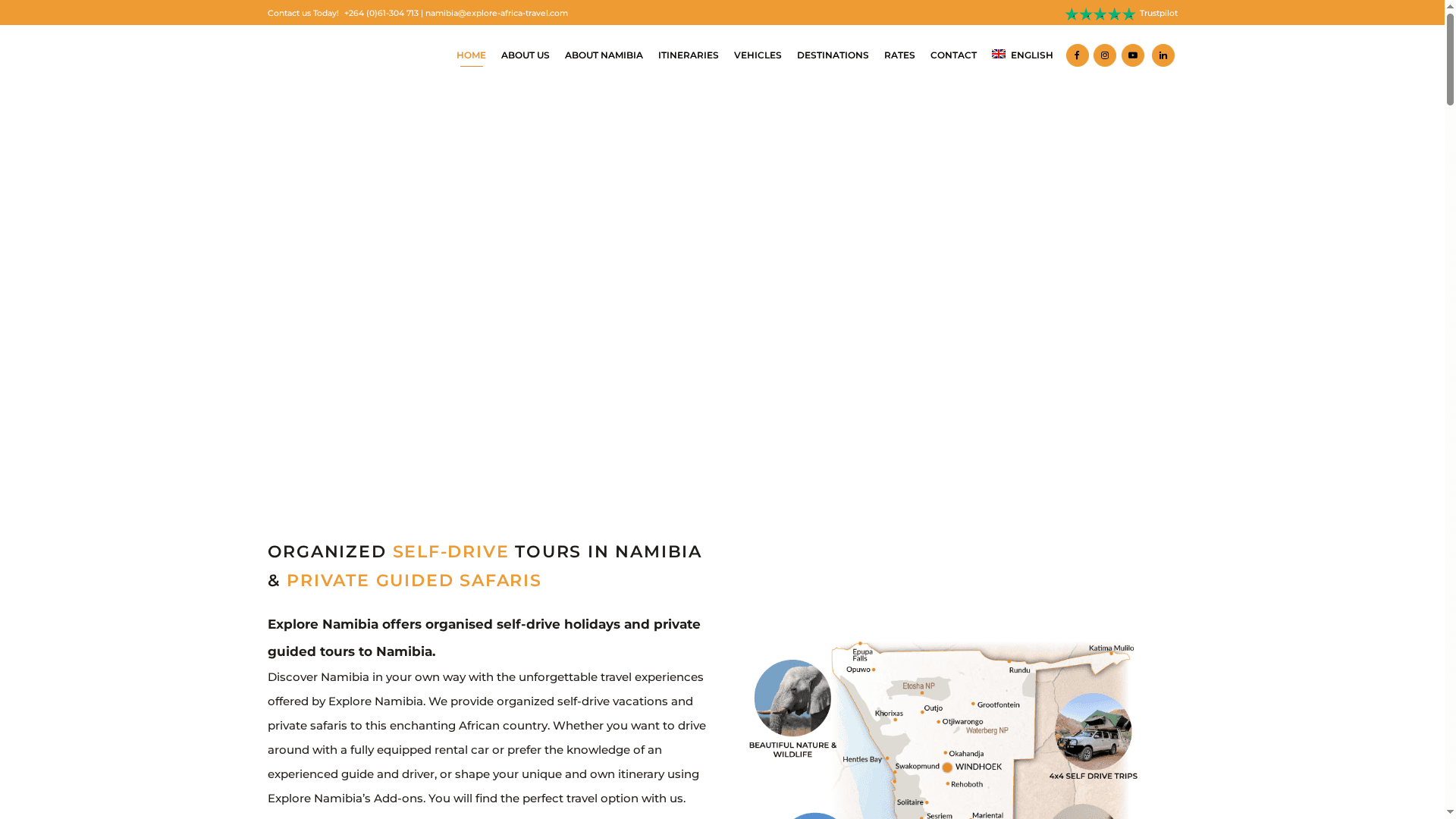 Explore Namibia website screenshot showing navigation, Trustpilot rating, self-drive safari headline and Namibia map graphic