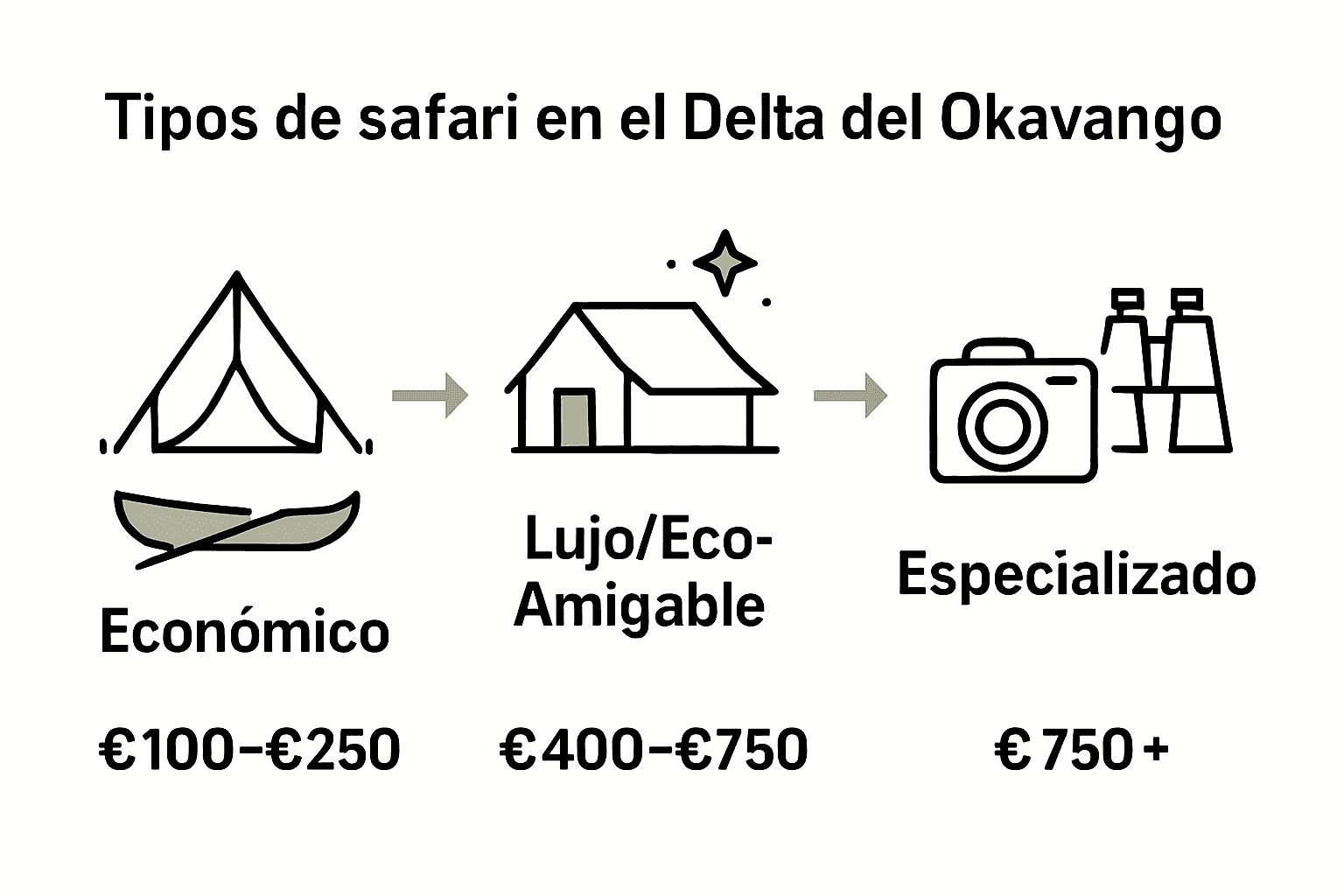 Infografía comparativa de tipos de safari en el delta del Okavango.