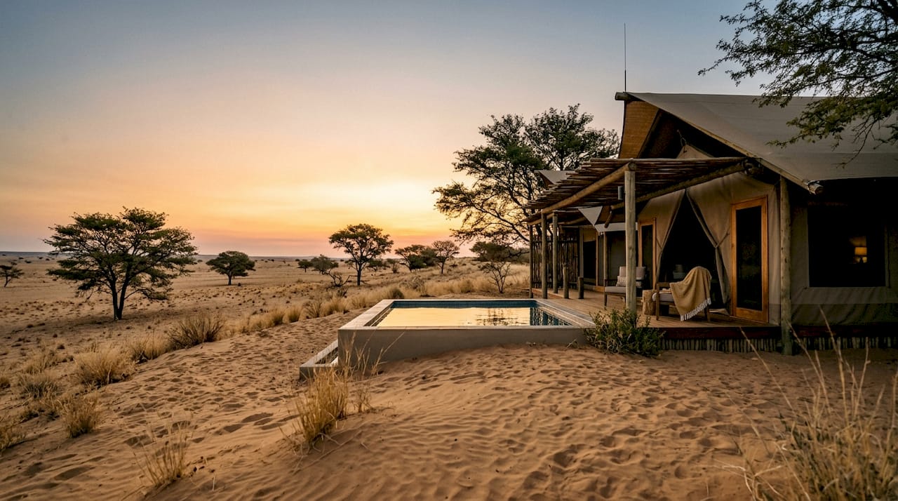 Luxury tented lodges and desert dunes at sunset