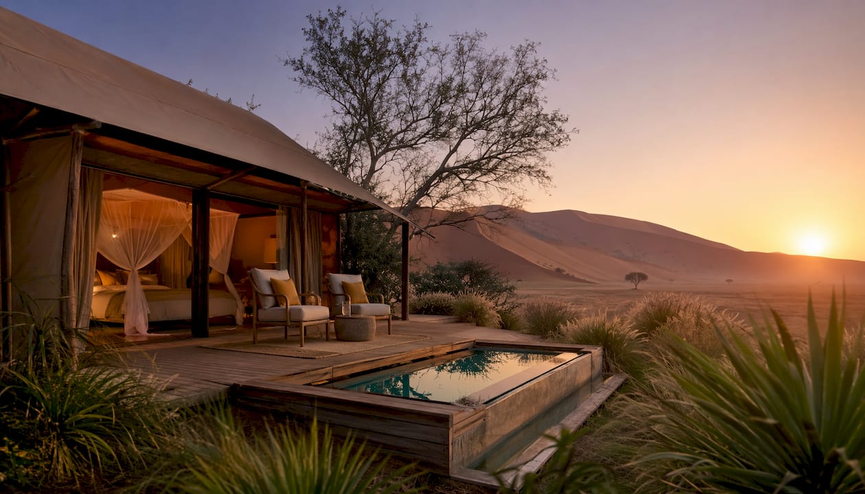 Luxury tented lodges and safari vehicle at dusk in Namibia desert