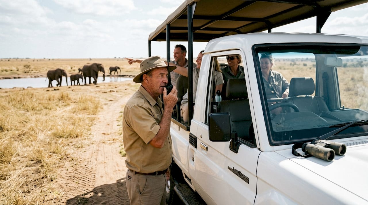 Guide and guests at private reserve game drive