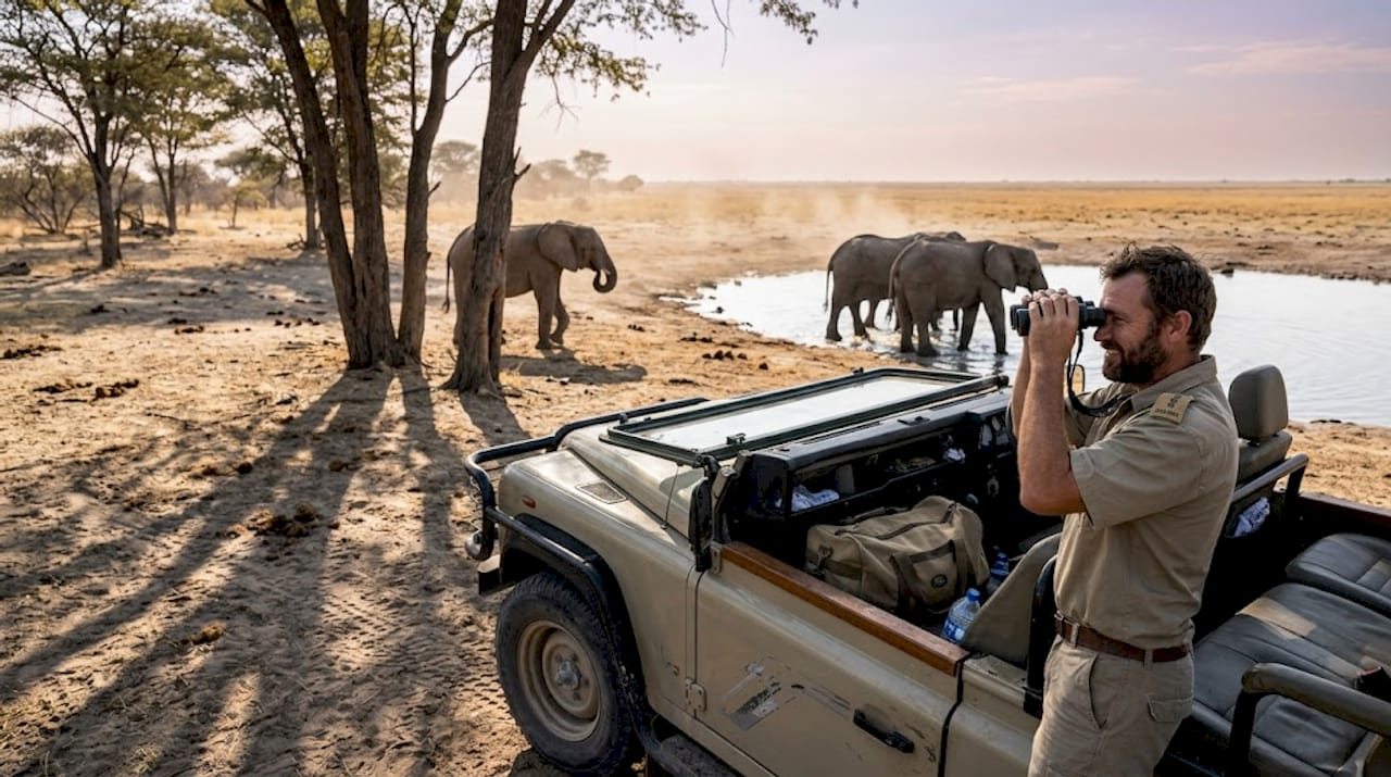 Safari guide with vehicle by watering hole