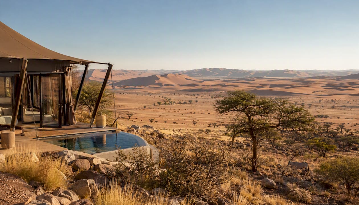 Namibia desert lodge and dunes at dawn