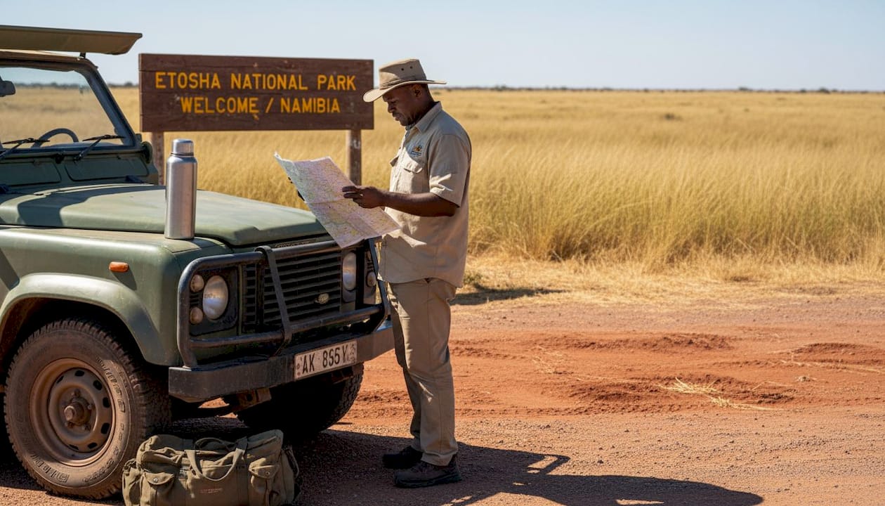 Safari guide checks map roadside Namibia
