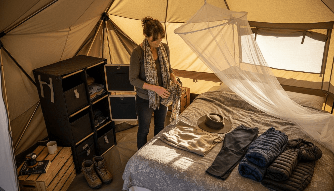 Mujer preparando la ropa imprescindible para un safari