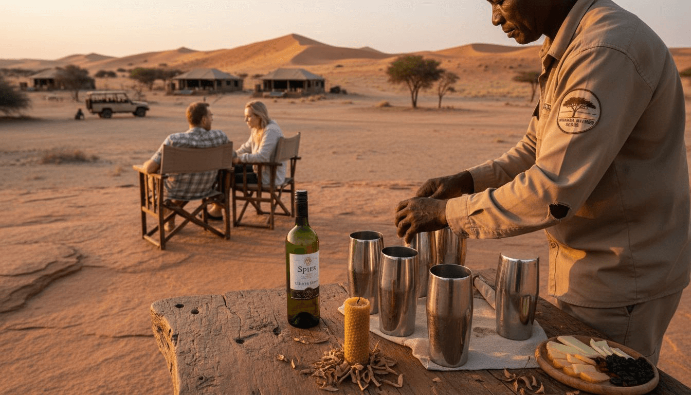Lodge guide preparing sunset drinks for couple