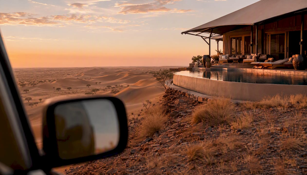 Luxury tented lodge and desert dunes at sunset