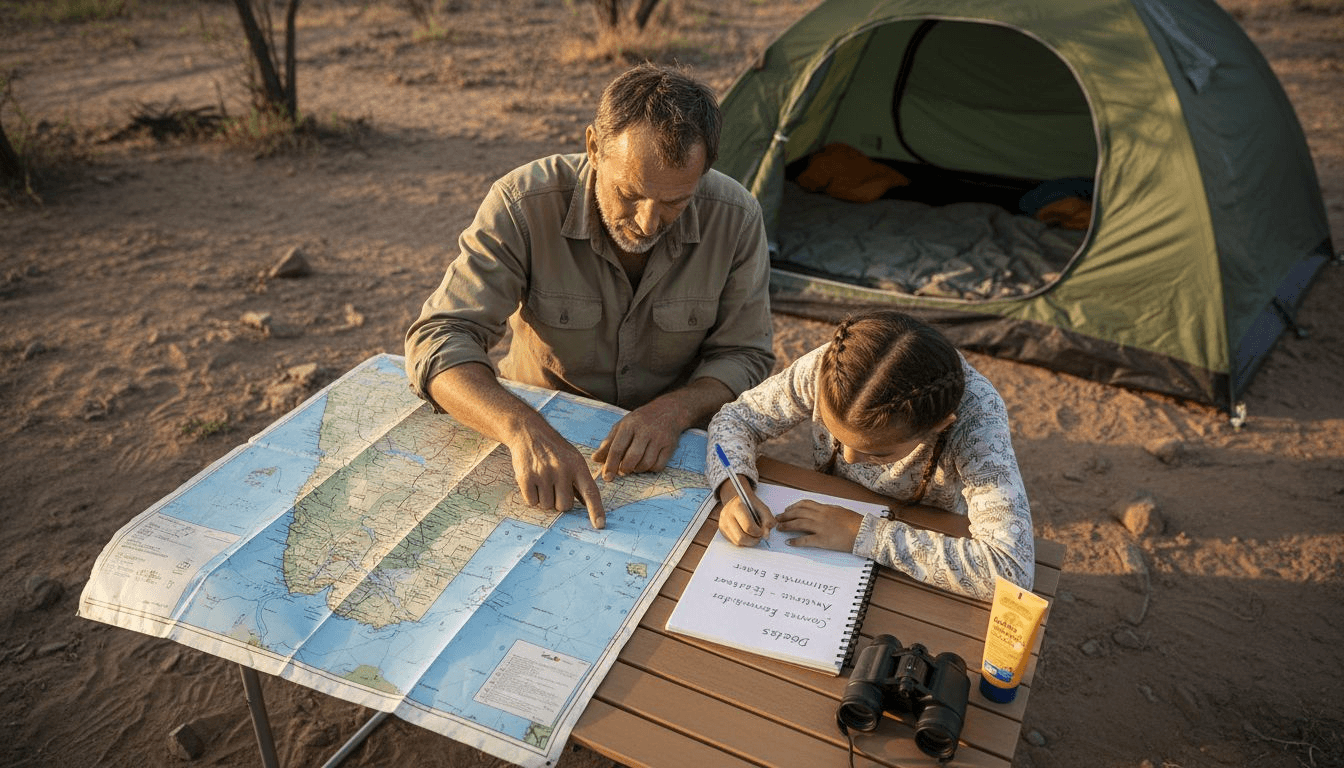 Une famille réunie autour d 'une table, en train de préparer les grandes étapes de leur safari.