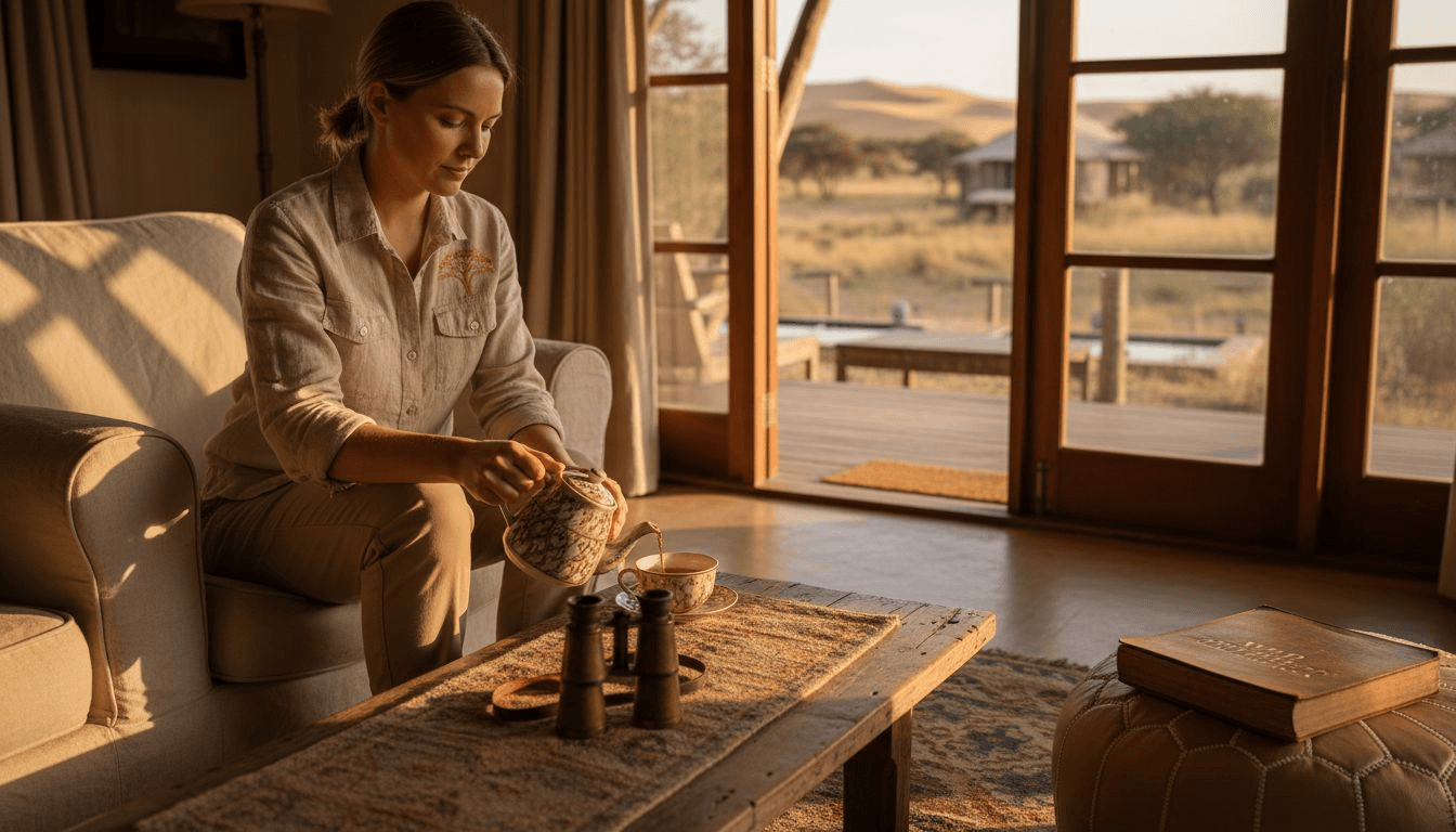 Guest seated in safari lodge lounge pouring tea