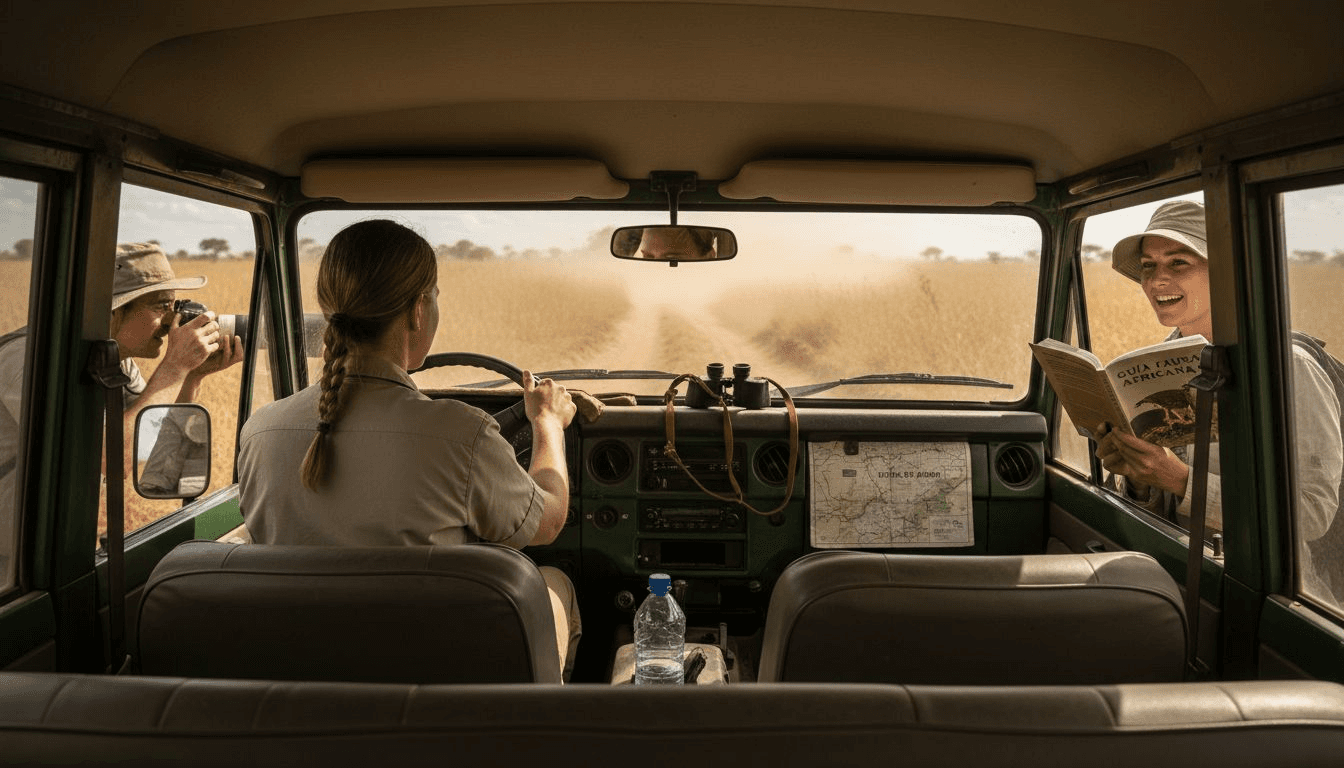 Un grupo de visitantes recorre la ruta del safari a bordo de un vehículo ecológico, disfrutando de la aventura y cuidando el entorno.