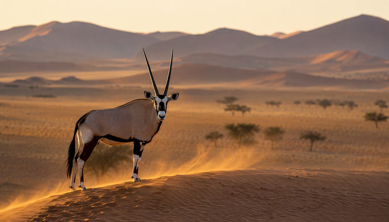 Oryx standing on red desert dune