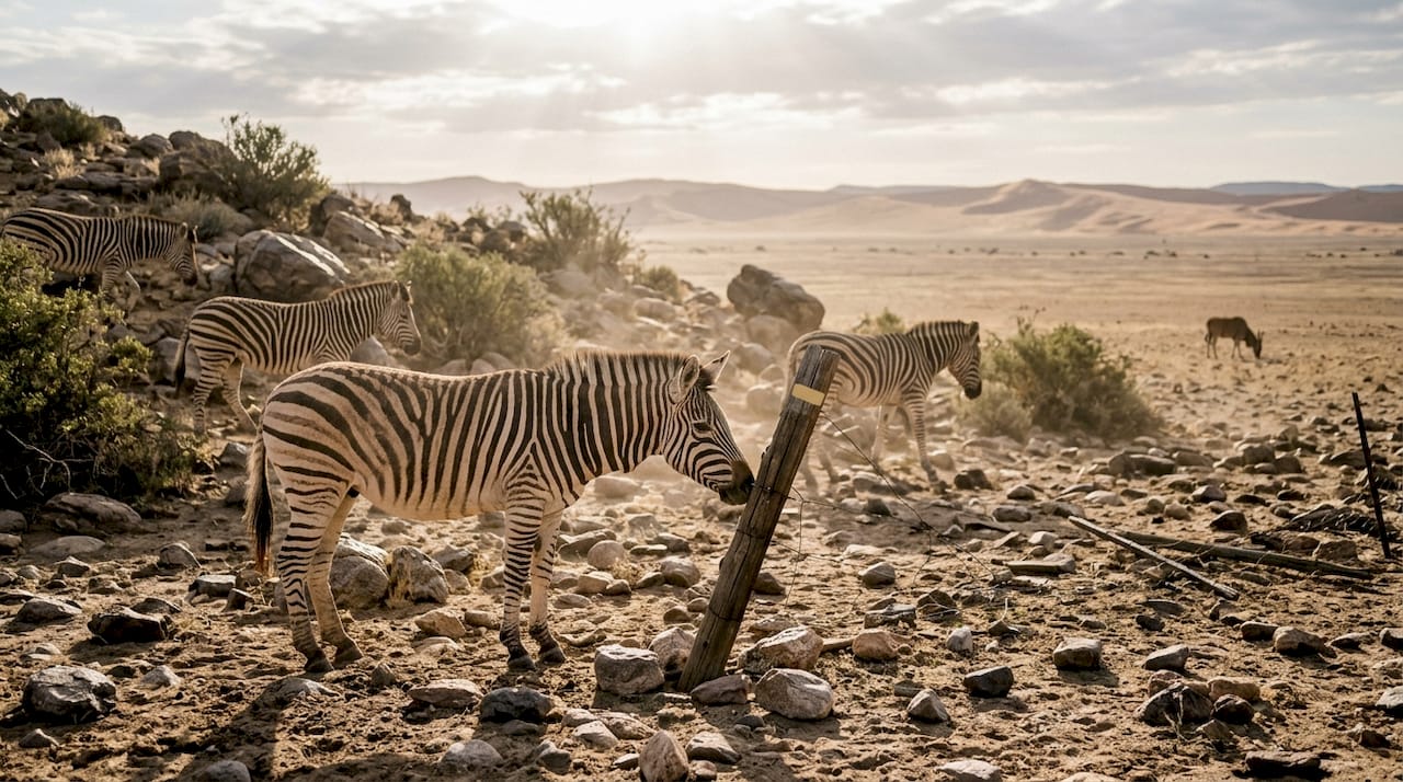 Mountain zebras navigating rocky Namibian terrain