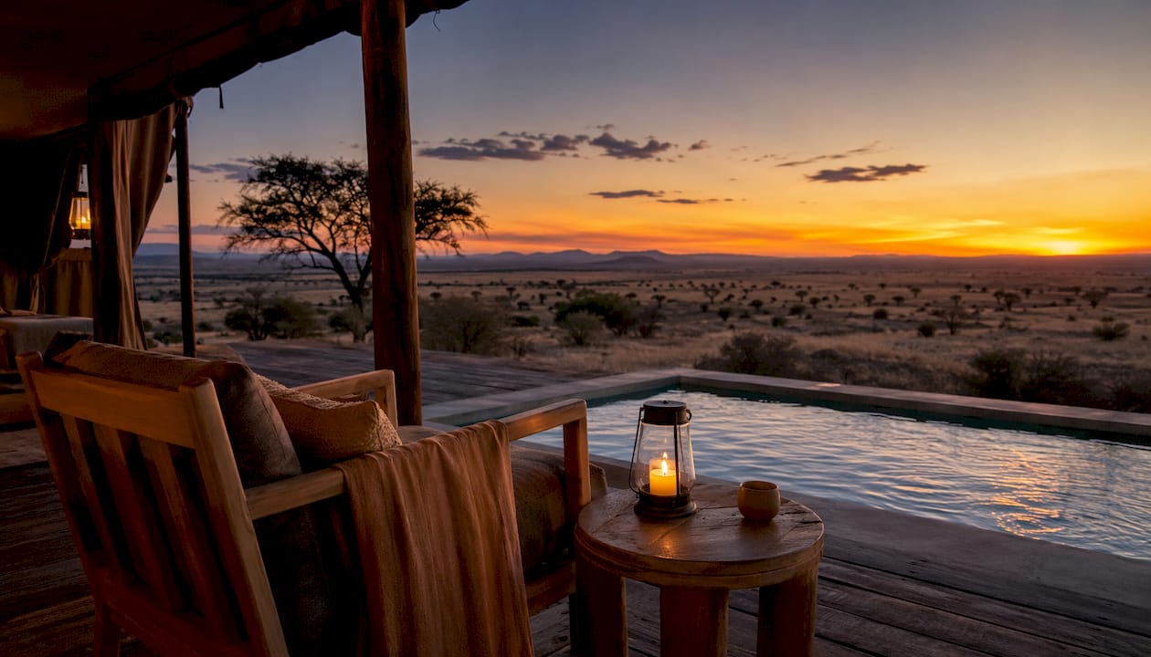 Private luxury safari camp tent deck at sunset