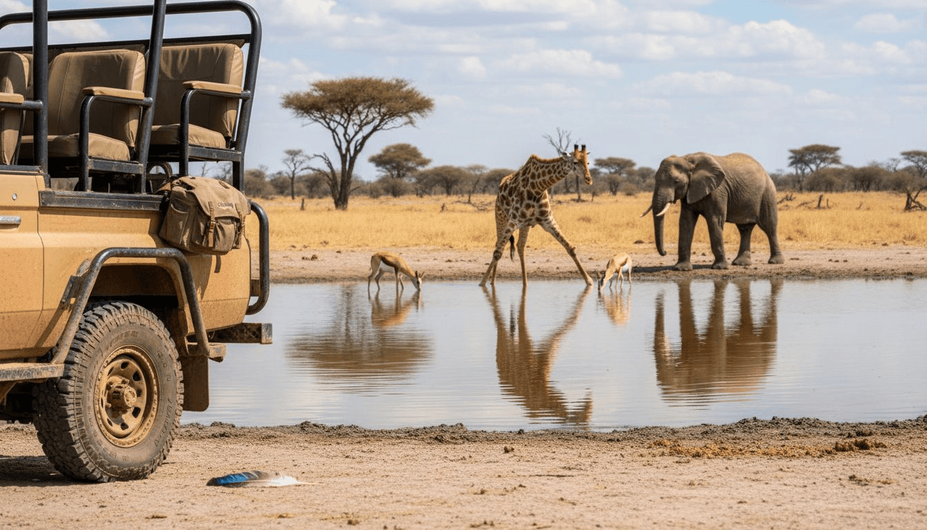 Un vehículo de safari se detiene junto a un abrevadero en Etosha, mientras varios animales se acercan a beber agua.