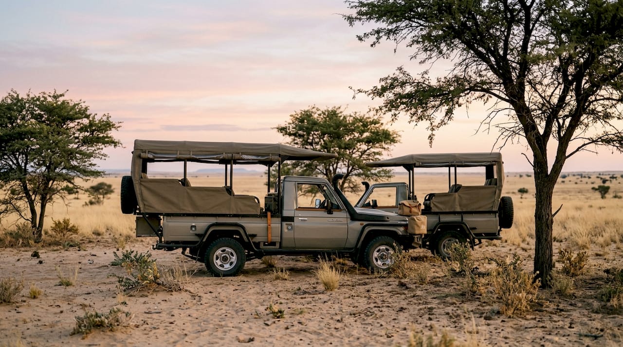 Safari vehicle near acacia in desert