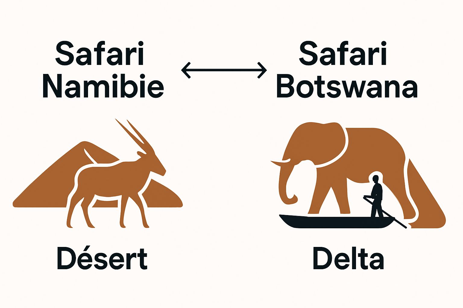 Infographic comparing Namibie and Botswana safari environments and wildlife