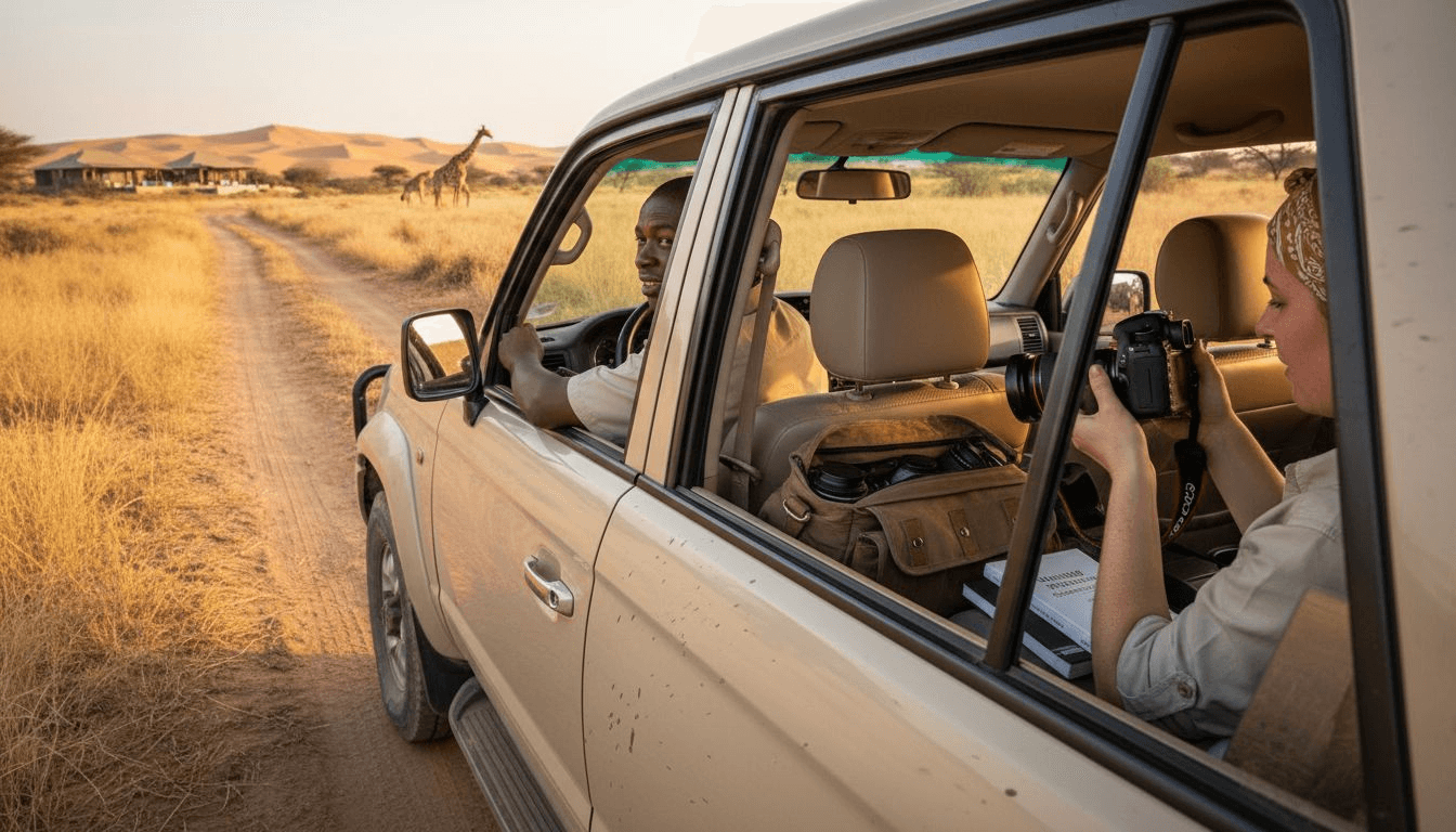 Guide and traveler during safari vehicle transfer