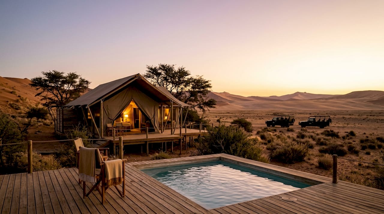 Luxury desert lodges by dunes at sunset in Namibia