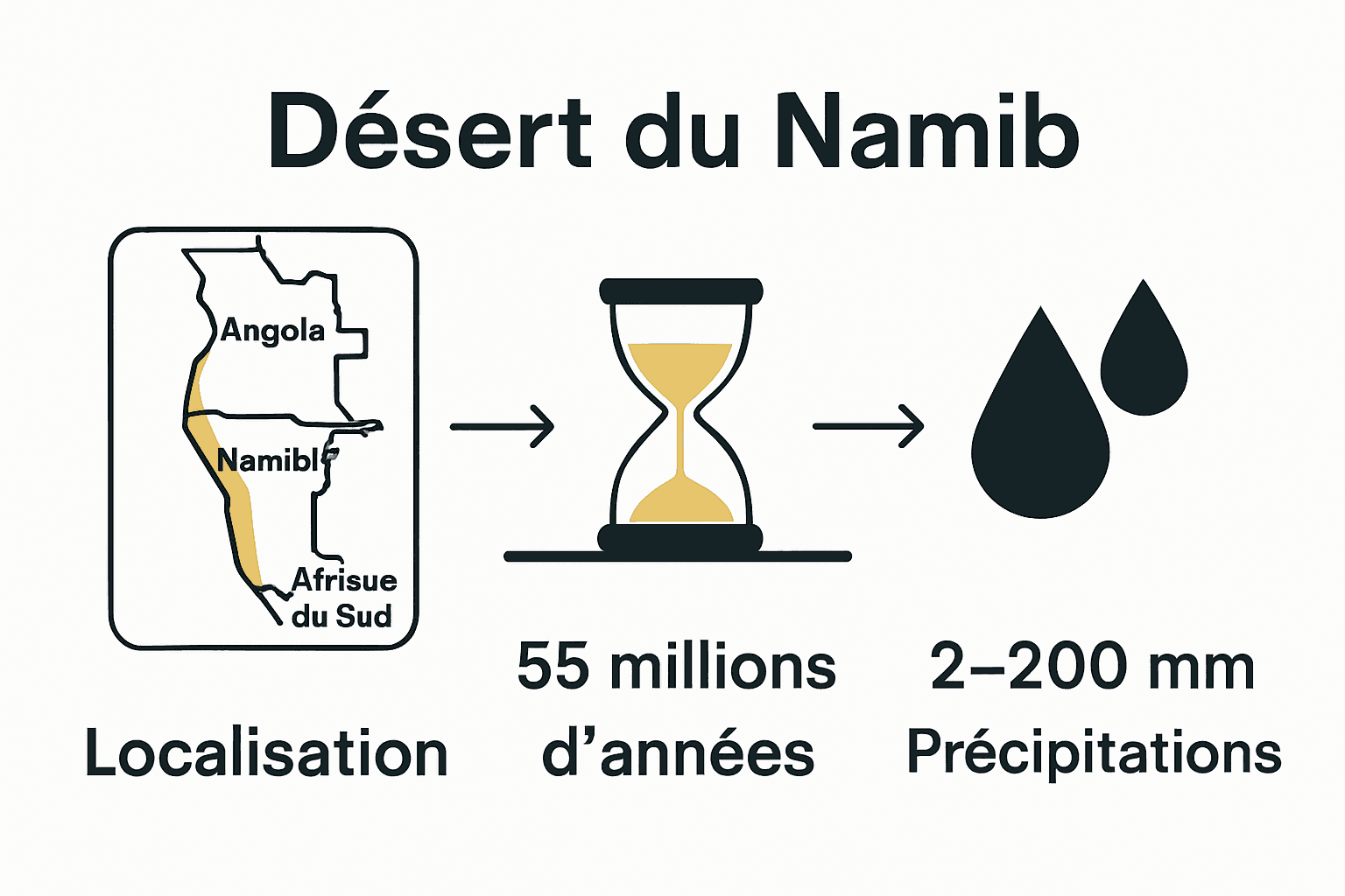 Carte, chronologie et précipitations du désert du Namib