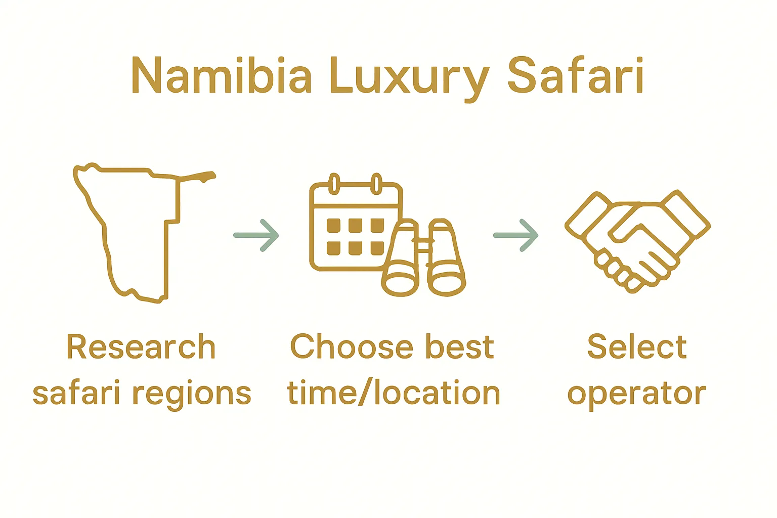 3-step Namibia luxury safari planning infographic with icons for map, calendar, and operator